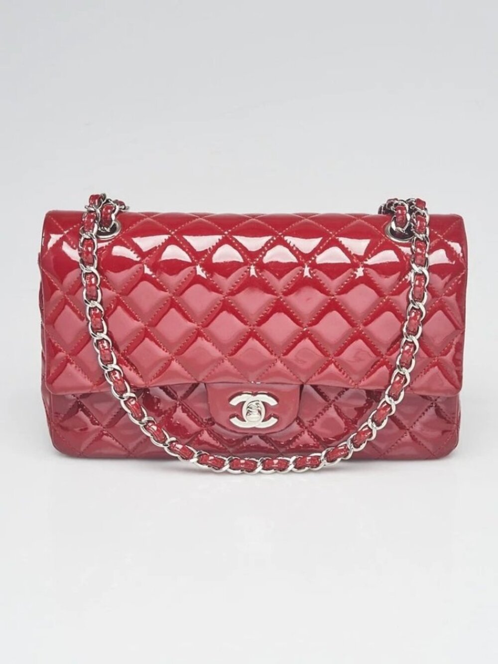 Chanel Red Quilted Patent Leather Classic Medium Double Flap Bag